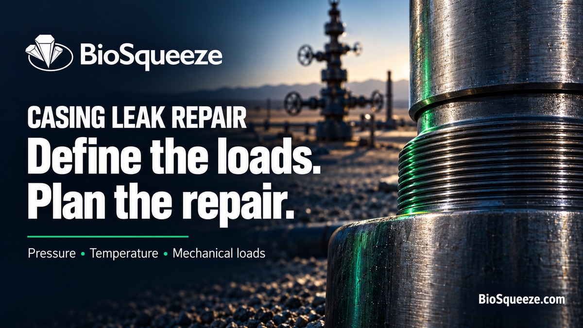 BioSqueeze casing leak repair cover with steel casing, a blurred wellhead and the headline Define the loads. Plan the repair.